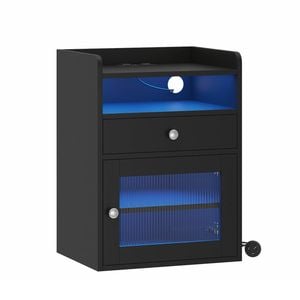 Ufurniture Bedside Table w/ LED & Charging Station, Nightstand End Table with Acrylic Door, Black