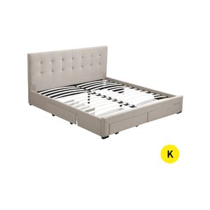 Levede Bed Frame Fabric With Drawers Storage Beige - King