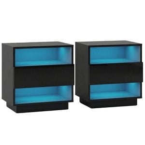 Artiss 2x Bedside Table Led With 2 Shelves - Hana Black