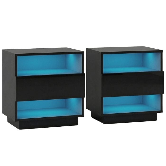 Artiss 2x Bedside Table Led With 2 Shelves - Hana Black
