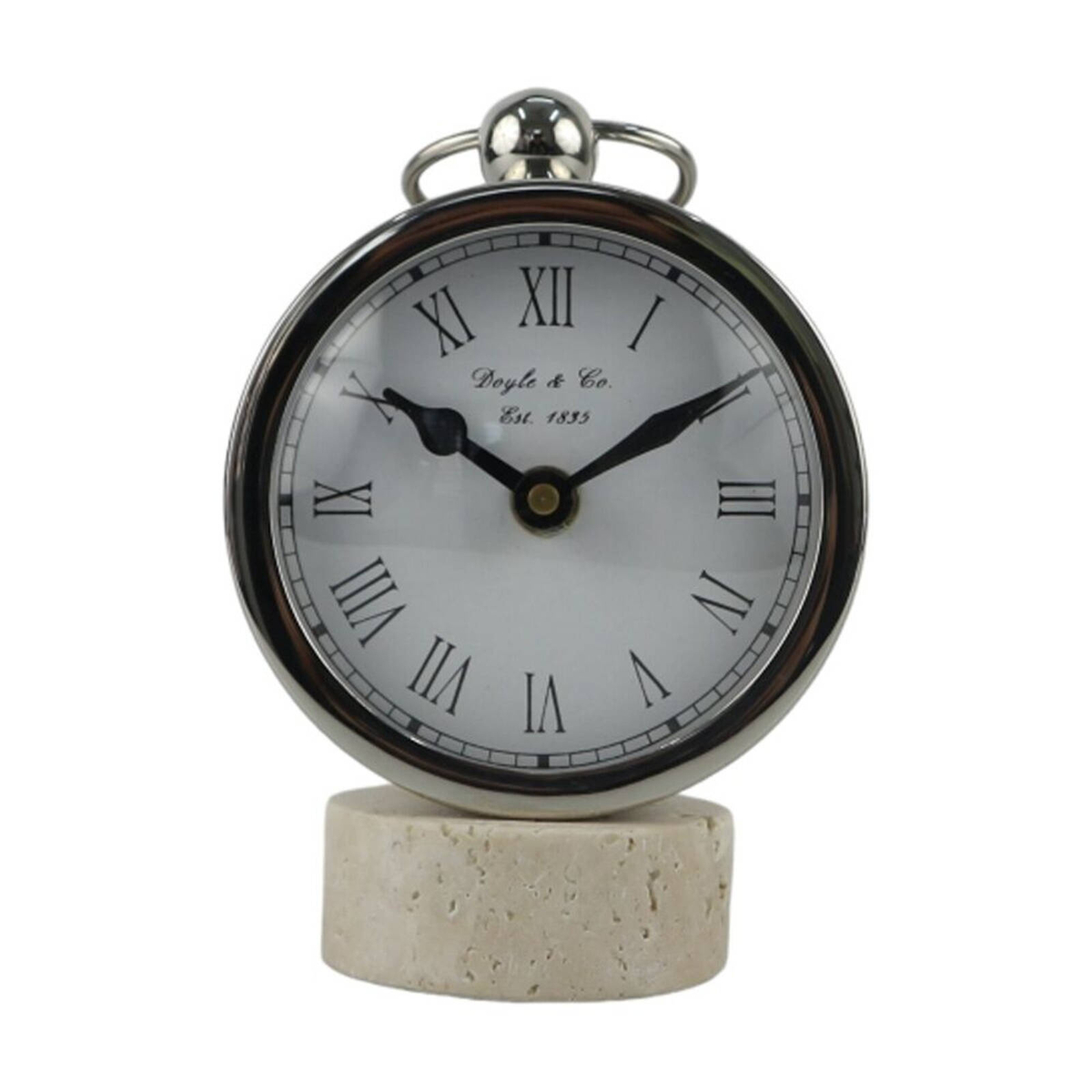 SS Collective Round Faced Table/Desk Clock On Travertine Stand Silver ...