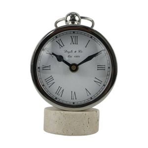 SS Collective Round Faced Table/Desk Clock On Travertine Stand Silver