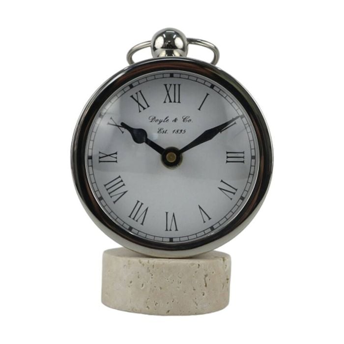 SS Collective Round Faced Table/Desk Clock On Travertine Stand Silver