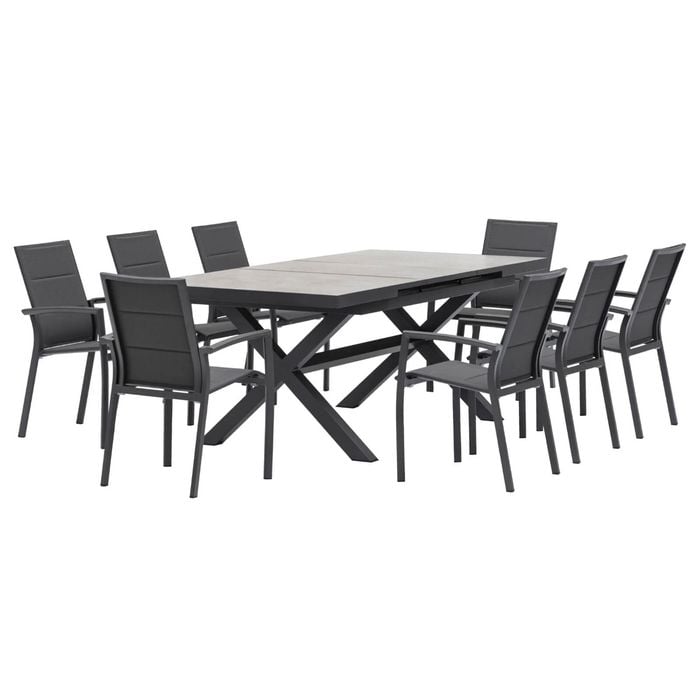 FurnitureOkay Marina-Mosman 9-Piece Ceramic Outdoor Extendable Dining Setting - Charcoal
