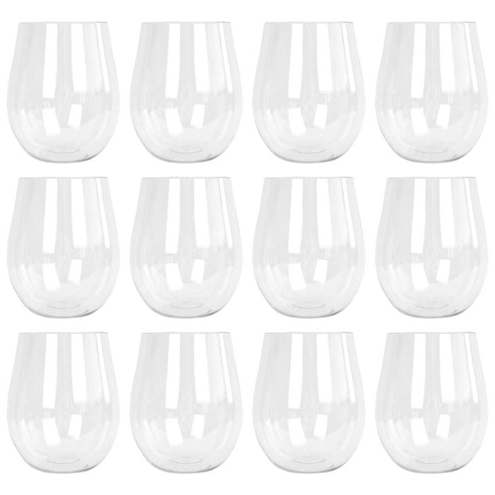 Argon Tableware 600ml Plastic Wine Glasses - Set Of 12 - Clear Reusable Stemless Cocktail Champagne Tumbler Drinking Cups
