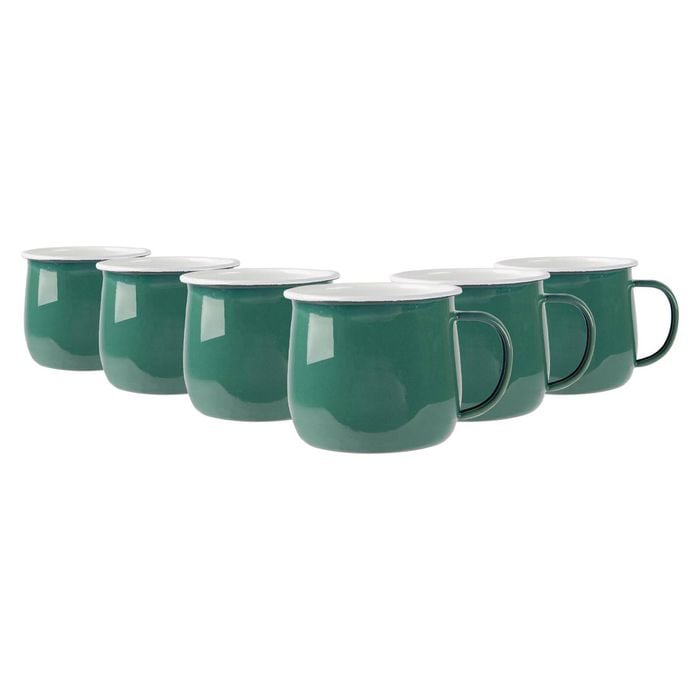 Argon Tableware 375ml Enamel Belly Mugs - Green - Set Of 6 Metal Drinking Cups Coffee Teacup Mug Set Hot, Cold Drinks Cups