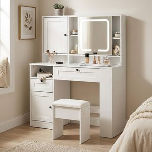 Oikiture Dressing Table Stool Set Led Mirror Makeup Desk With Charging Station