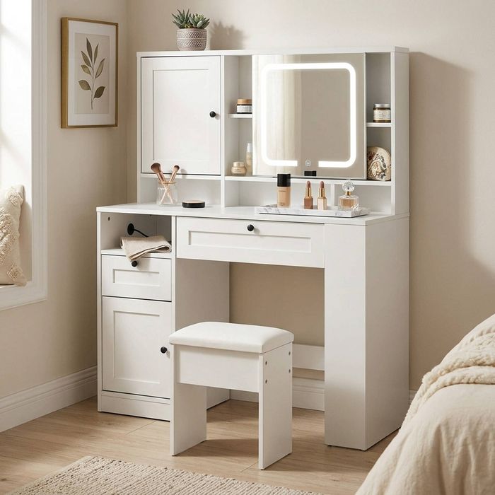 Oikiture Dressing Table Stool Set Led Mirror Makeup Desk With Charging Station