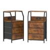 Advwin Bedside Table Set of 2 with Charging Station 3 Fabric Drawers Nightstand Brown