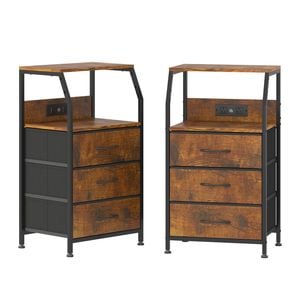 Advwin Bedside Table Set of 2 with Charging Station 3 Fabric Drawers Nightstand Brown