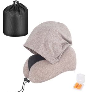 Catzon Travel Neck Pillow with Hood Memory Foam for Neck Support-F05-Coffee