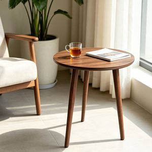 BRIBRION 40cm Round Side Table with Wood Leg, Walnut Colour End Table