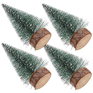 P&P Green Mini Artificial Christmas Trees with Wooden Bases Set of 4 Tabletop Decor