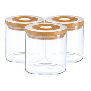 Argon Tableware Glass Storage Jars -wooden Lid - 550ml - Modern Round Scandi Organisation Container Glass Jar - Set Of 3