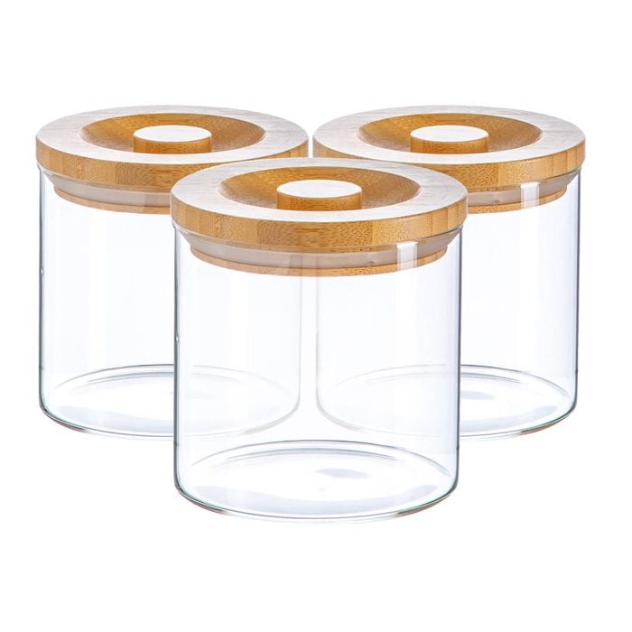 Argon Tableware Glass Storage Jars -wooden Lid - 550ml - Modern Round Scandi Organisation Container Glass Jar - Set Of 3