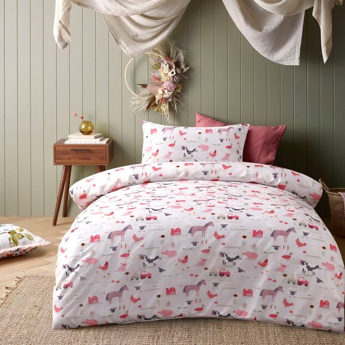 Happy Kids Farmyard Friends Washed Cotton Quilt Cover Set - Single Bed