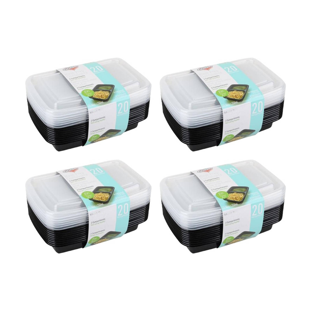 4x 20pc Fresh Guard Plastic Bento Style Containers W/ 2 Sections 750mL ...