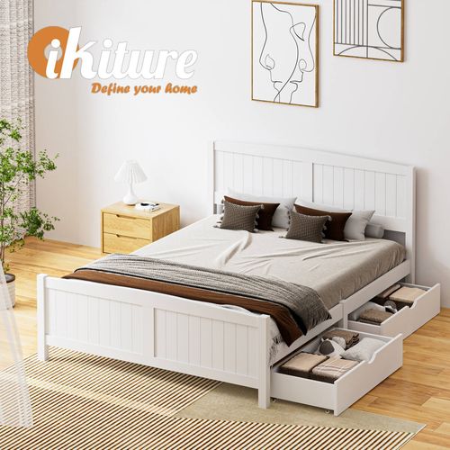 Oikiture Wooden Bed Frame Queen Size with Trundle Drawers White ...