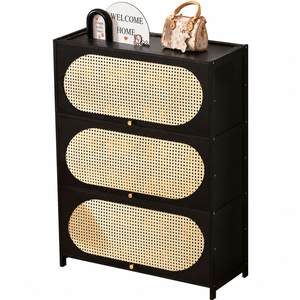 FORET 7 Tier Black Shoe Cabinet Rattan Flip Door Storage Organiser 80cm