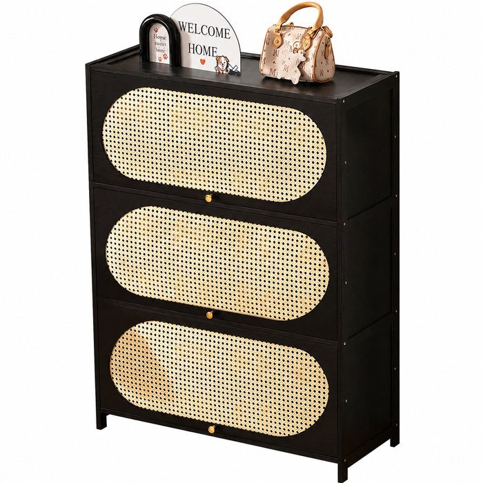 FORET 7 Tier Black Shoe Cabinet Rattan Flip Door Storage Organiser 80cm