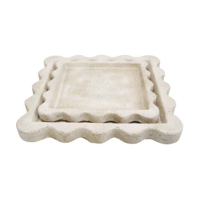 2pc Lvd Scallop Sandstone Cement Serving Tray Set Home Decor 25.5x25.5x2.5cm