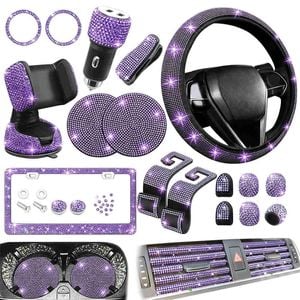 Catzon 27pcs Bling Car Accessories Set Universal Fit 15in Steering Wheel Covers-purple