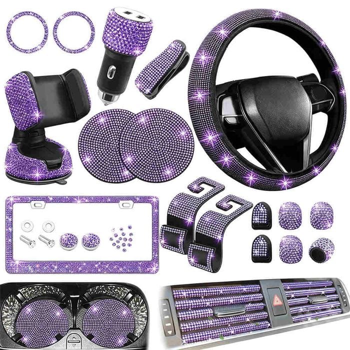Catzon 27pcs Bling Car Accessories Set Universal Fit 15in Steering Wheel Covers-purple