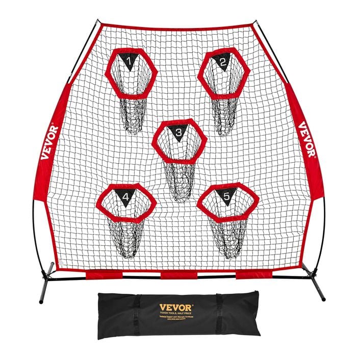 VEVOR 2133.6 x 2133.6mm Football Trainer Throwing Net Red with 5 Target Pockets for Player