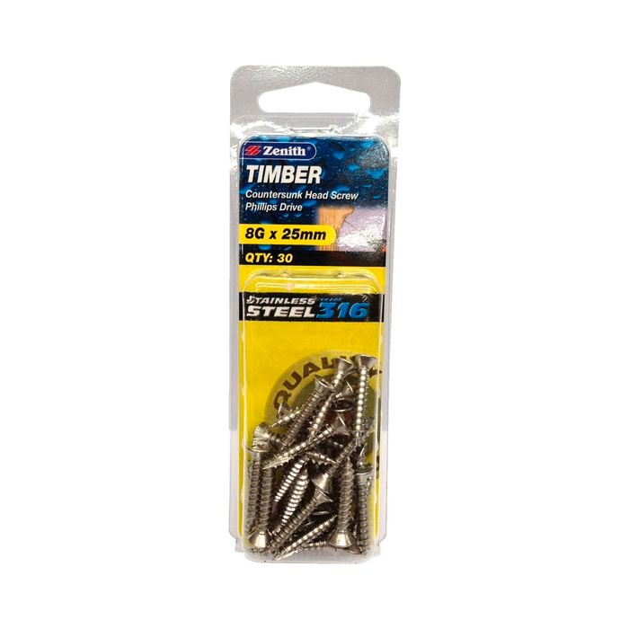 Zenith 8G x 25mm 316 Stainless Steel Countersunk Head Timber Screws - 30 Pack