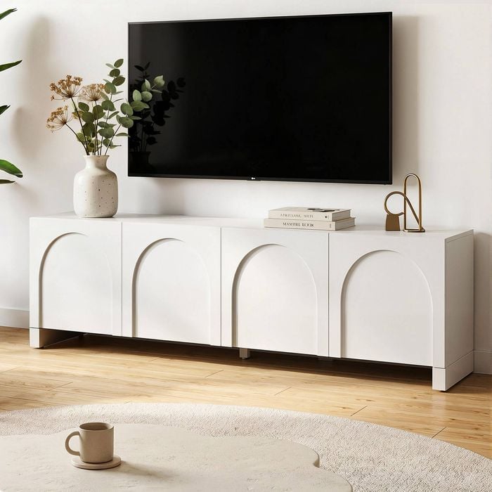Homfurn 180cm Tv Unit Entertainment Cabinet White 4-door Concave Design Living Room