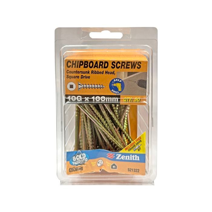 Zenith 10G x 100mm Gold Passivated Square Drive Chipboard Screw - 50 Pack