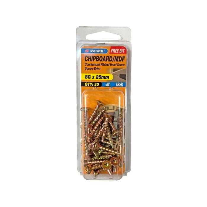 Zenith 8G x 25mm Gold Passivated Square Drive Chipboard Screw - 30 Pack
