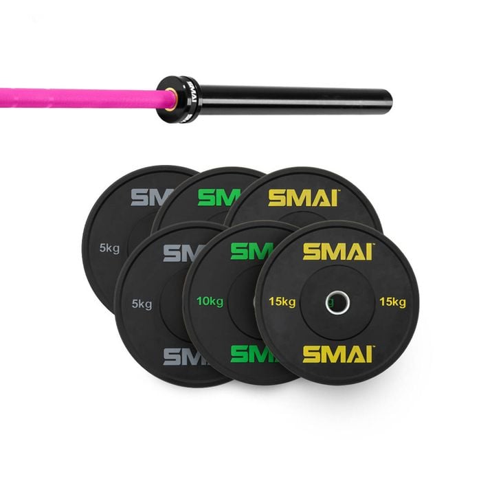 Smai 75kg Hd Bumper Plate Set Inc 15kg Barbell - 15kg Magenta Barbell