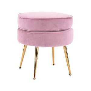 La Bella Pink Round Ottoman Foot Stool Velvet Fabric Metal Leg