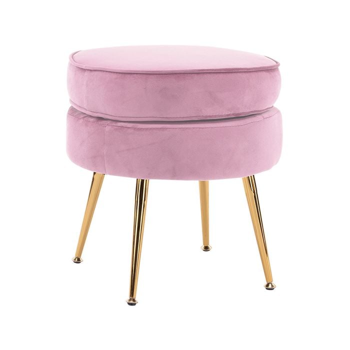 La Bella Pink Round Ottoman Foot Stool Velvet Fabric Metal Leg