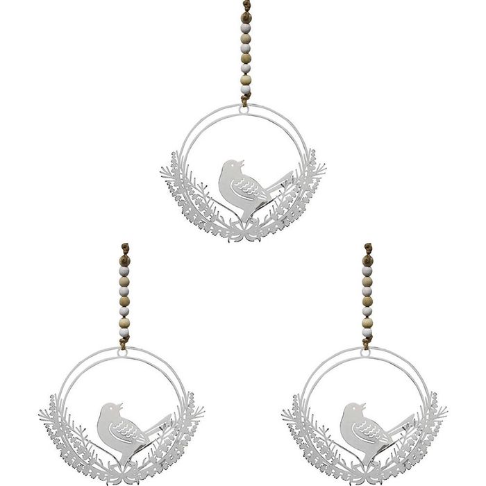 3x LVD Metal Bird Botannical Wreath Home Ornament Hanging Display 13x11cm White