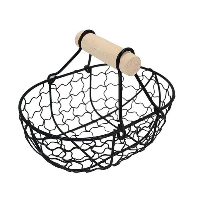 Catzon Wrought Iron Storage Basket with Wooden Handle for Bread Fruits-Black
