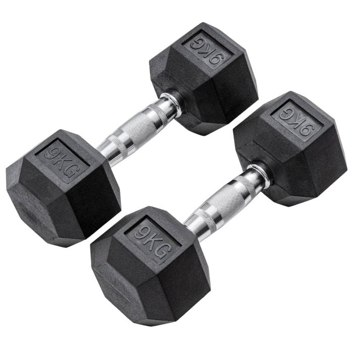 METEOR 9kg Pair Rubber Hex Dumbbells