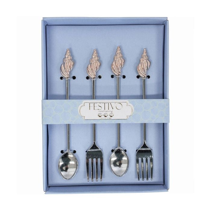4PK Metal Decorative Shell Fork/Spoon Set Dining Utensil Cutlery Tableware SLV