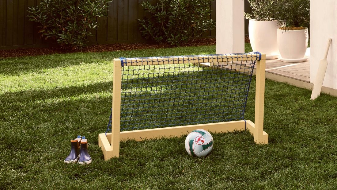 A mini soccer goal with a blue net and a soccer ball on a green lawn in a backyard