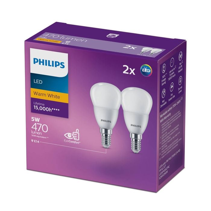 Philips B35 E14 LED 470Lm Warm White 5W Fancy Round - 2 Pack