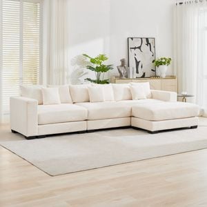 Homfurn 326cm Oversized 3 Seater Sofa with Chaise, Corduroy Large Sectional Couches with 1 Footstool