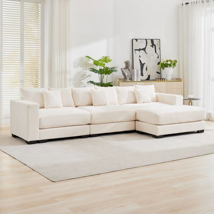 Homfurn 326cm Oversized 3 Seater Sofa with Chaise, Corduroy Large Sectional Couches with 1 Footstool