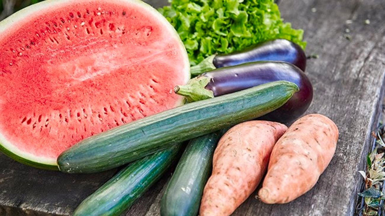 Watermelong, cucumbers, sweet potatoes and eggplants