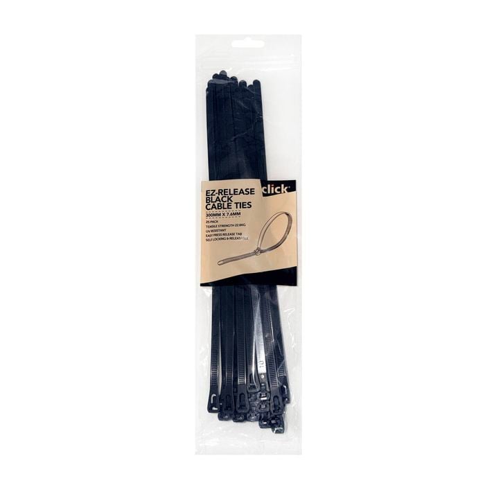 Click 300mm Black EZ-Release Releasable Cable Tie - 25 Pack