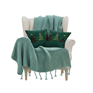 SOGA Christmas Bundle – 2 Green Embroidered Christmas Tree Pillow & Tassel Fringe Knitted Blanket