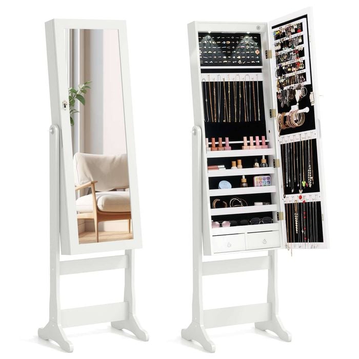 Costway Jewelry Armoire Mirrored Bedroom Storage Cabinet w/LED Lights