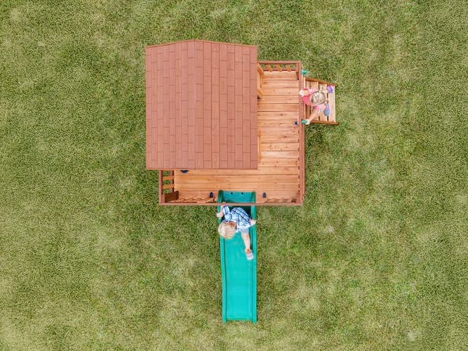Backyard Discovery Echo Heights Cedar Wood Kids Outdoor Cubby House with Wave Slide and Deck