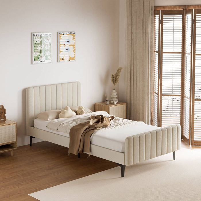Oikiture Bed Frame Base Velvet Fabric Beige ROYO - King Single