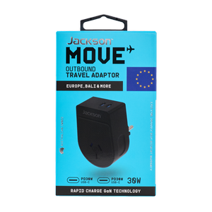 Jackson Move Outbound Travel Adaptor Europe, Bali & More PD30W w USB 2C